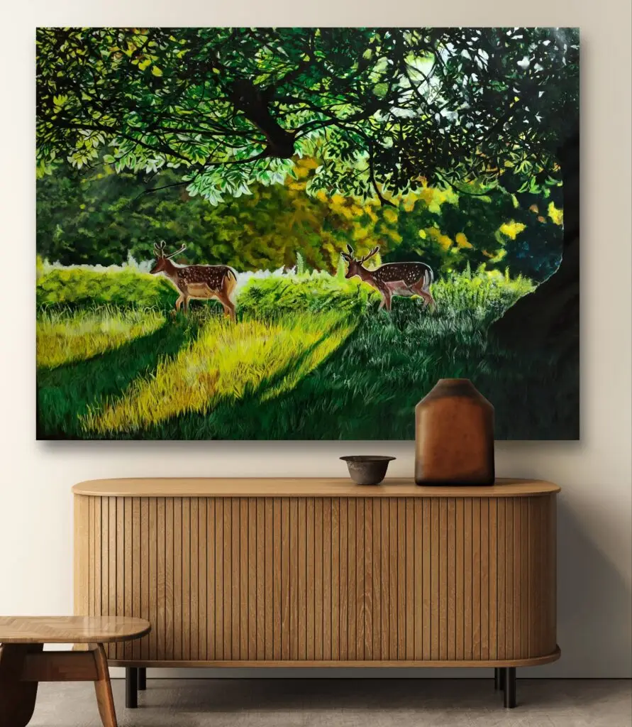 Hyperrealism painting of deer herd in forest sunlight – nature-inspired wildlife wall art by Sumana Burman Fine Art.