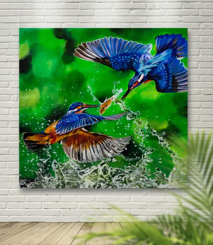 Acrylic painting of kingfishers diving into water – vibrant wildlife realism art on linen canvas by Sumana Burman Fine Art.