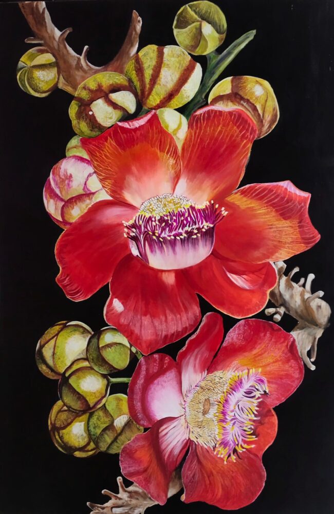 Divine Blooms – Large original acrylic painting of red orange bright Cannonball flowers in floral realism, sacred symbolic art by Sumana Burman Fine art