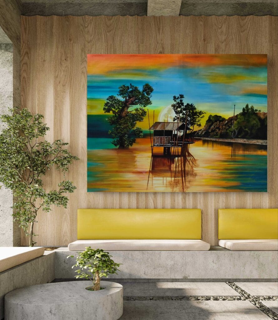 Acrylic Surreal lakeside landscape painting of moonlit lake and cottage – dreamlike twilight artwork by Sumana Burman Fine Art.