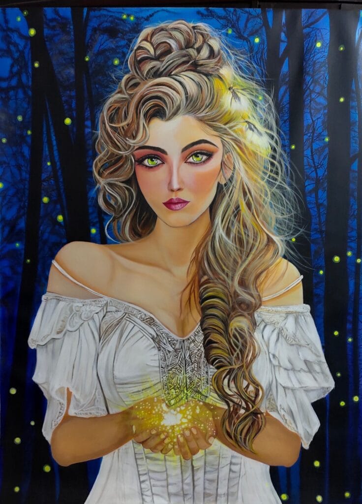 Silent Call – original acrylic portrait painting of a divine feminine figure holding radiant light by Sumana Burman Fine Art.