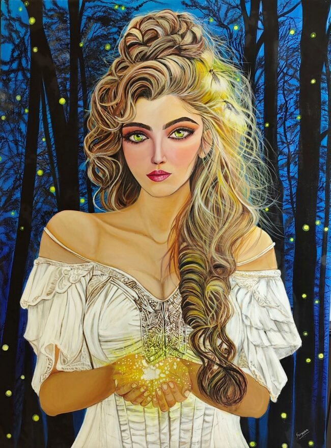 Silent Call – Divine Feminine Surreal Portrait Painting by Sumana Burman | Mystical Realism Acrylic Artwork of Goddess Energy | Sumana Burman Fine Art