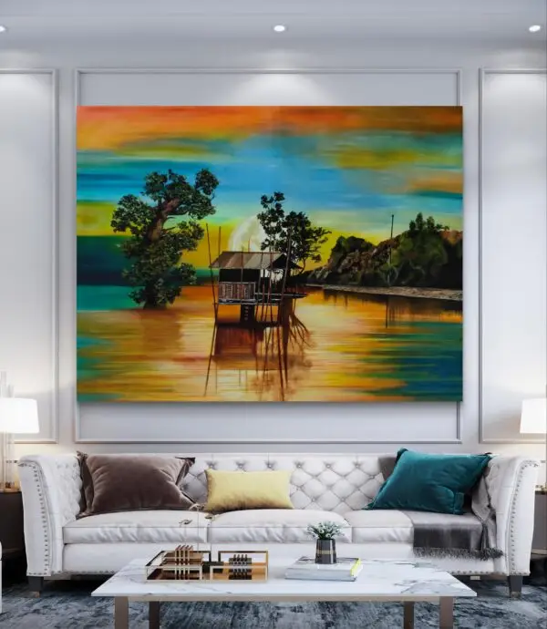 Twilight-Surreal lakeside landscape painting - Image 2
