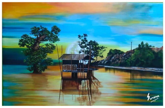 Twilight – Surreal Lakeside Landscape Painting by Sumana Burman Fine Art