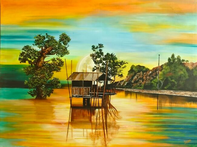 Twilight – Surreal Lakeside Landscape Painting by Sumana Burman Fine Art
