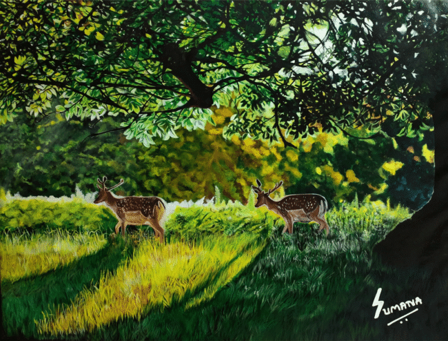 The Grazers – Deer Wildlife Painting by Sumana Burman, Hyperrealism Jungle Artwork