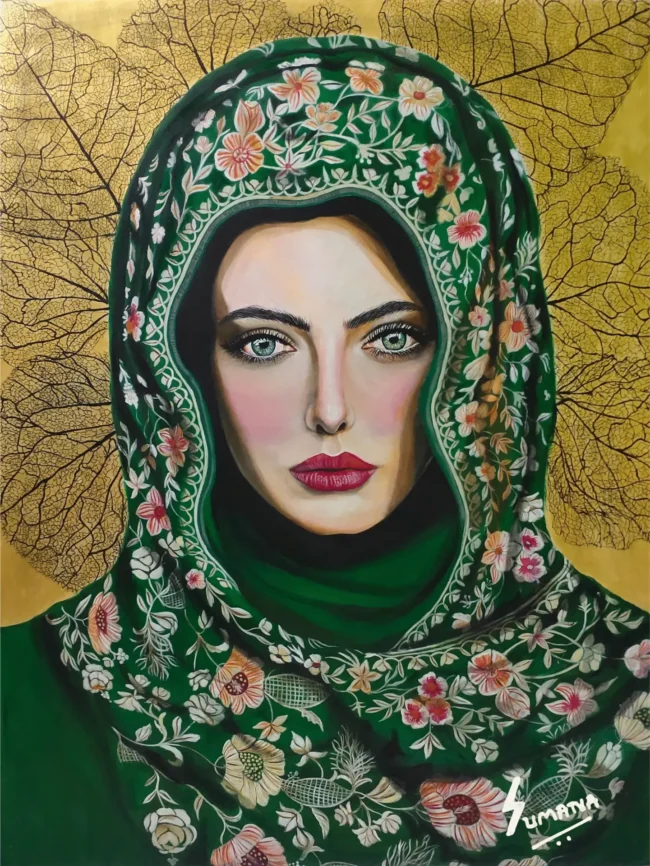 Desert Rose Symbolic Female Portrait Painting by Sumana Burman Fine Art – Realism artwork of a woman in emerald floral hijab with golden background, symbolizing strength and grace.