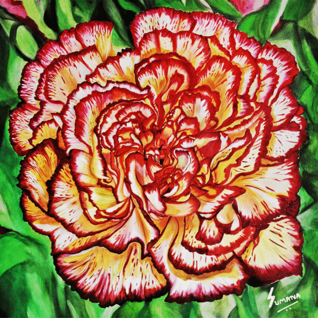 Solar Flare – Original Yellow Carnation Painting by Sumana Burman | Hyperrealist Acrylic Floral Art on Linen Canvas | Sumana Burman Fine Art