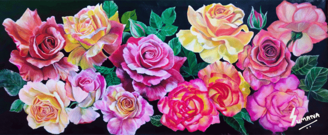 Ethereal Garden – original rose painting in botanical realism, luminous acrylic floral artwork on 60x24 inch canvas by Sumana Burman Fine Art.