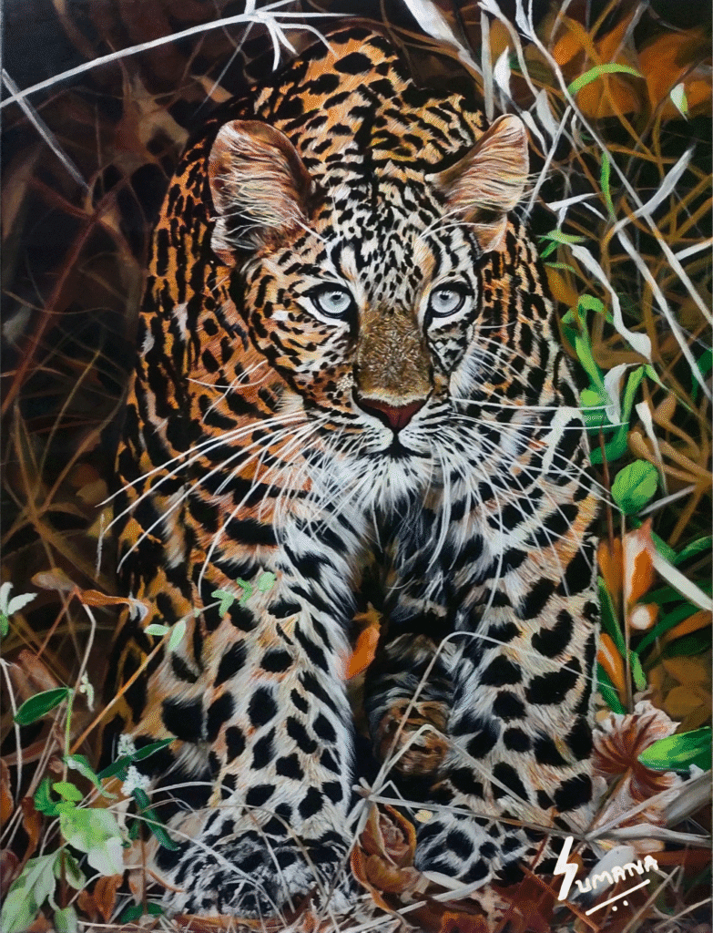 The Loner – Original Leopard Painting by Sumana Burman Fine Art | 48x36 inch wildlife realism acrylic artwork symbolizing strength and solitude.