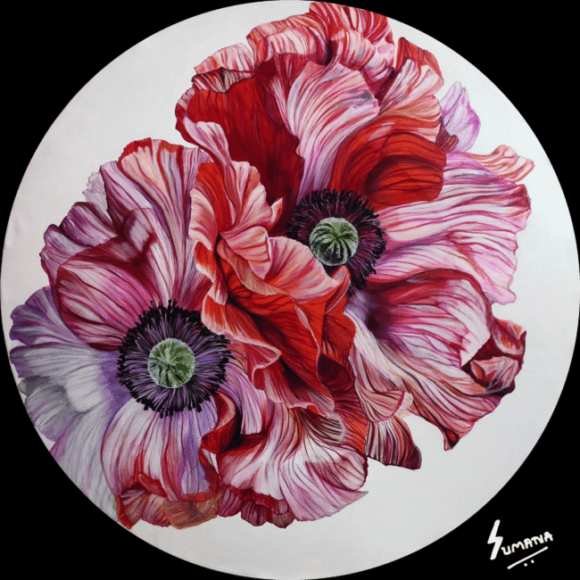Soulmates – Original Anemone Flower Painting by Sumana Burman Fine Art | Large 48-inch round canvas, hyperreal floral art in pink, crimson, and violet hues symbolizing twin souls and eternal bond.