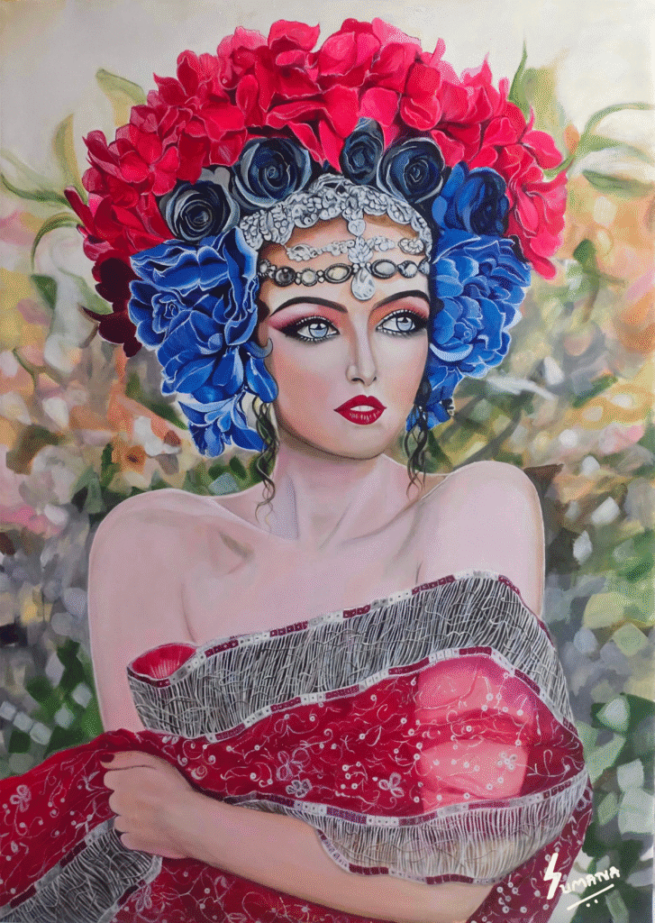 Flamboyance – Original Female Portrait Painting by Sumana Burman | Realism and Impressionism Acrylic Artwork with Floral Crown | Sumana Burman Fine Art