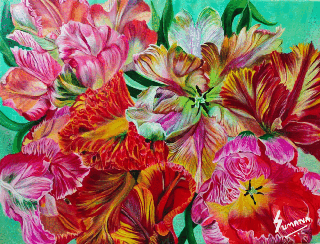 Refraction – Original Parrot Tulip Painting by Sumana Burman Fine Art | Large Vibrant Botanical Hyperrealism Acrylic Artwork on Linen Canvas | Sumana Burman Fine Art