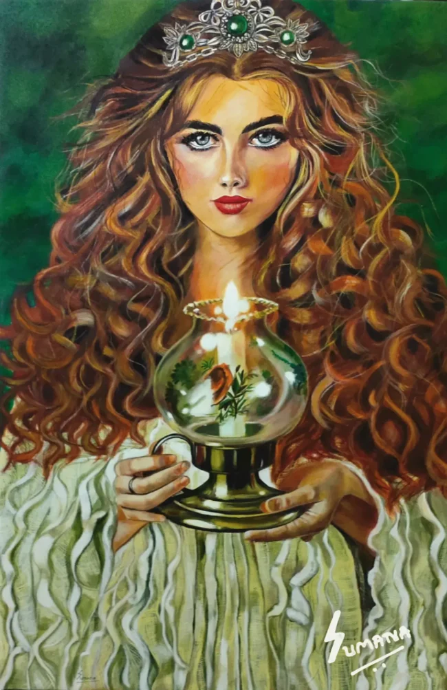 Illuminati – Mystical Woman Painting by Sumana Burman Fine Art | Realistic Feminine Portrait Art | Spiritual Goddess Acrylic Painting