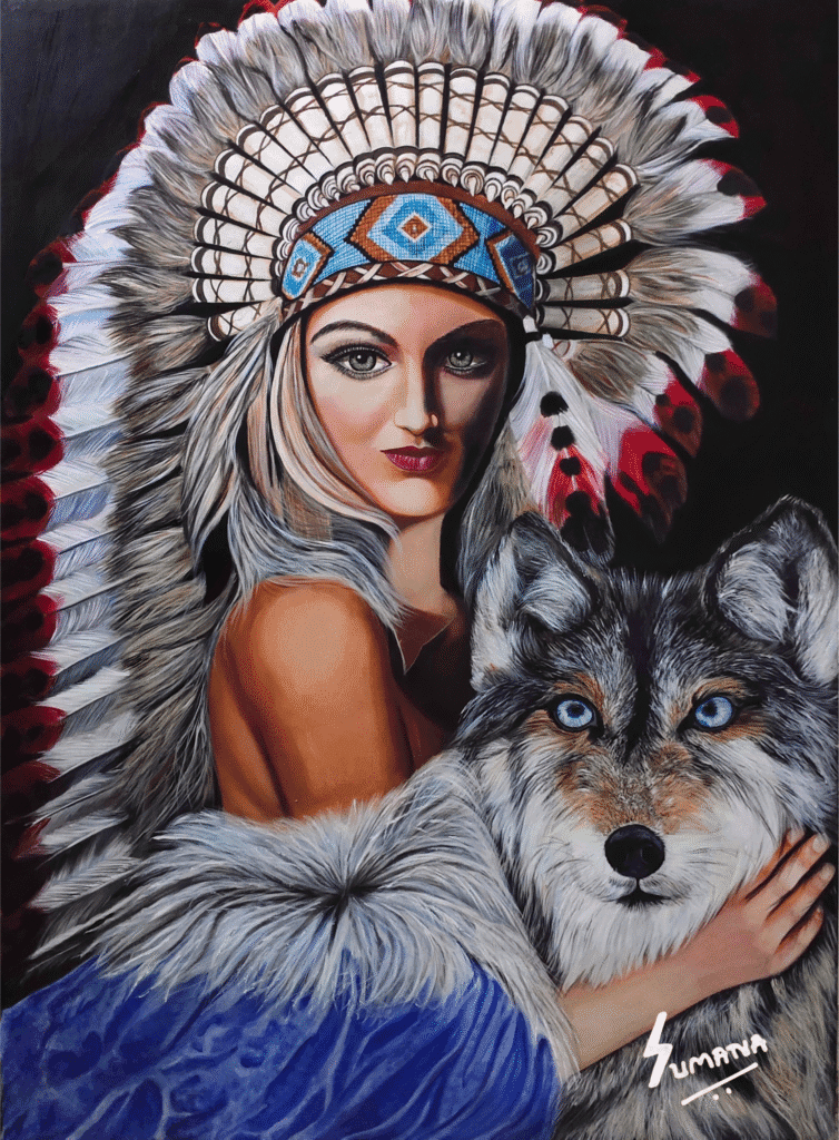 High Frequency Love – Native American Woman Painting by Sumana Burman | Large Acrylic Portrait with Wolf Spirit Symbolism | SumanaBurmanFineArt
