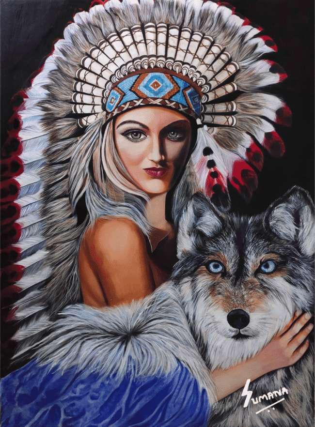 High Frequency Love – Native American Woman Painting by Sumana Burman | Large Acrylic Portrait with Wolf Spirit Symbolism | SumanaBurmanFineArt