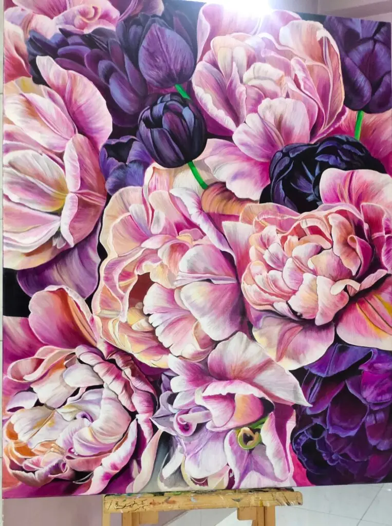 Tulip Floral Painting on an easel — Hyperrealistic large acrylic canvas artwork in pink, violet, and ivory tones