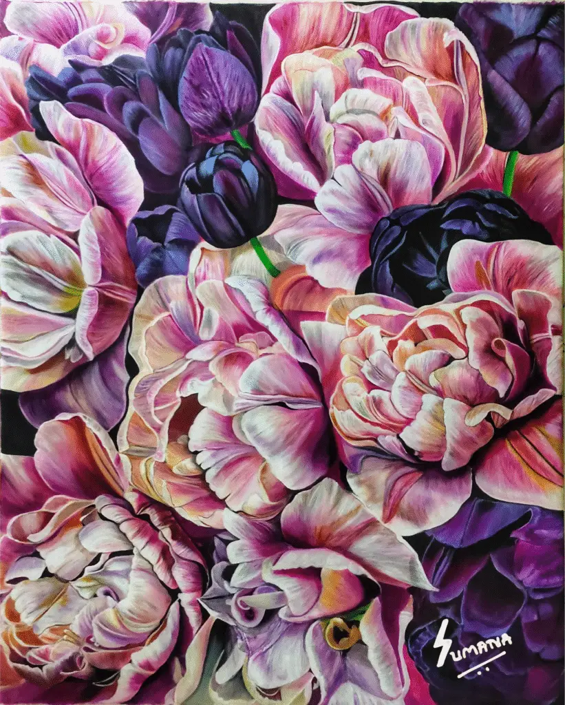 Original Large Tulip Floral Painting by Sumana Burman – Wavelength Hyperrealism Acrylic Artwork in Pink and Purple Tones | Sumana Burman Fine Art