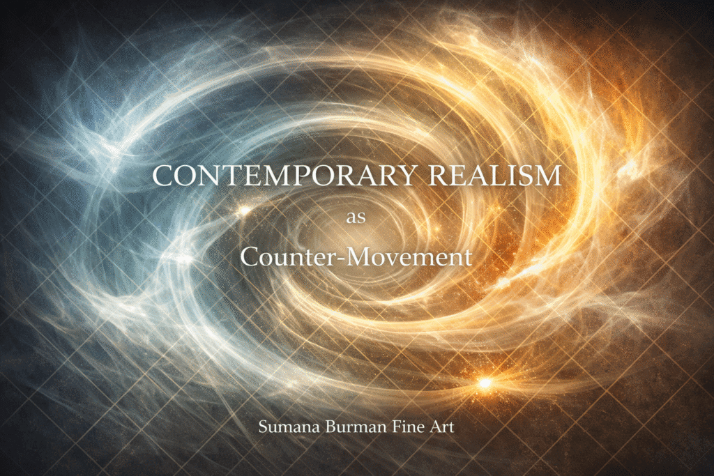 Abstract infographic showing a counterclockwise spiral of light and color flowing through a faint diamond lattice, representing contemporary realism as a counter-movement grounded in structure, coherence, and perceptual intelligence.