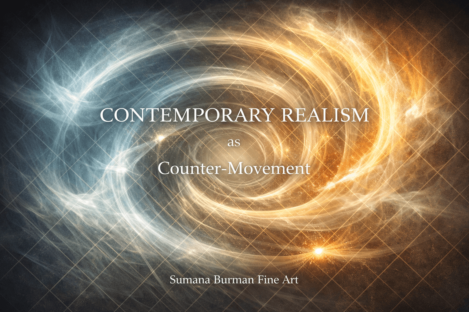 Abstract infographic showing a counterclockwise spiral of light and color flowing through a faint diamond lattice, representing contemporary realism as a counter-movement grounded in structure, coherence, and perceptual intelligence.