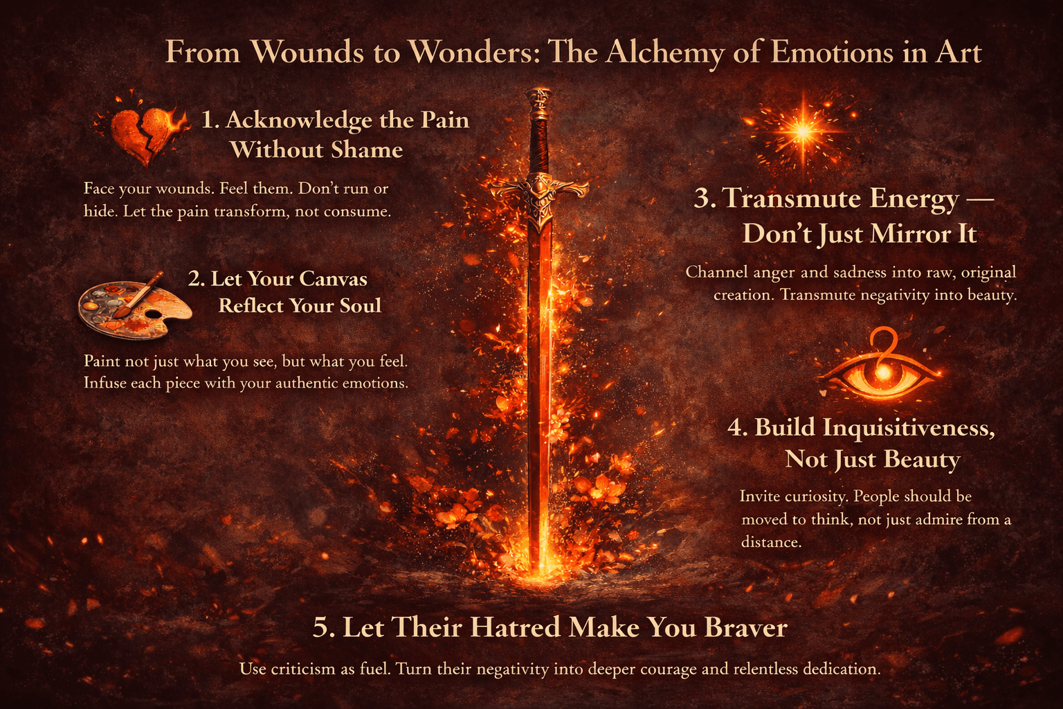 Infographic illustrating emotional alchemy in art with a glowing sword emerging from embers, symbolizing resilience, transmutation of pain into beauty, and five creative principles for transforming wounds into artistic expression.