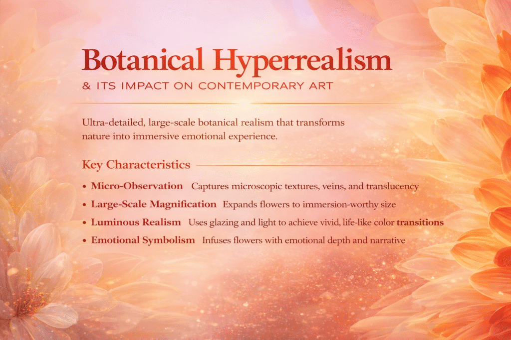 Botanical Hyperrealism infographic illustrating large-scale floral realism, luminous color transitions, and emotional symbolism in contemporary art.