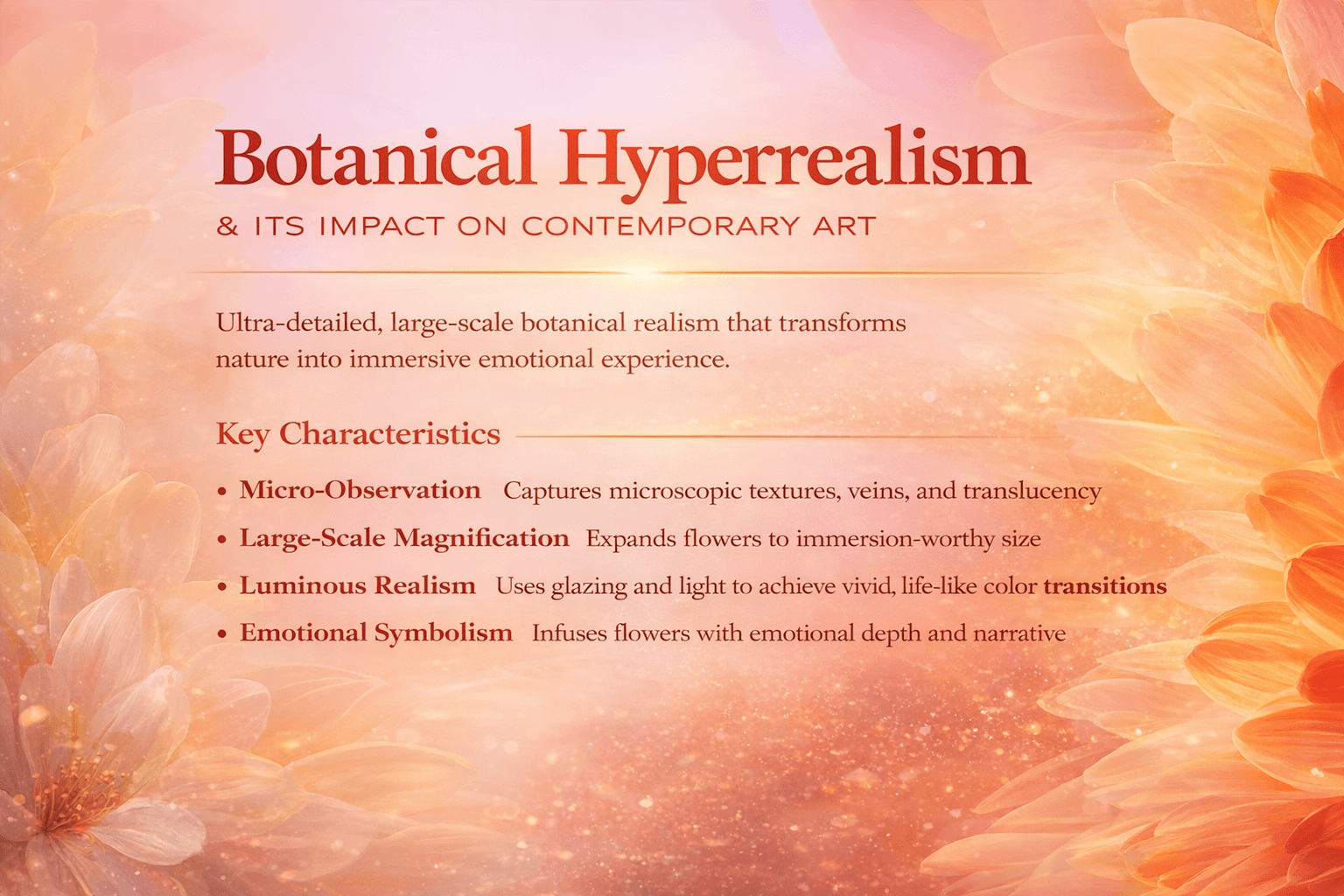 Botanical Hyperrealism infographic illustrating large-scale floral realism, luminous color transitions, and emotional symbolism in contemporary art.