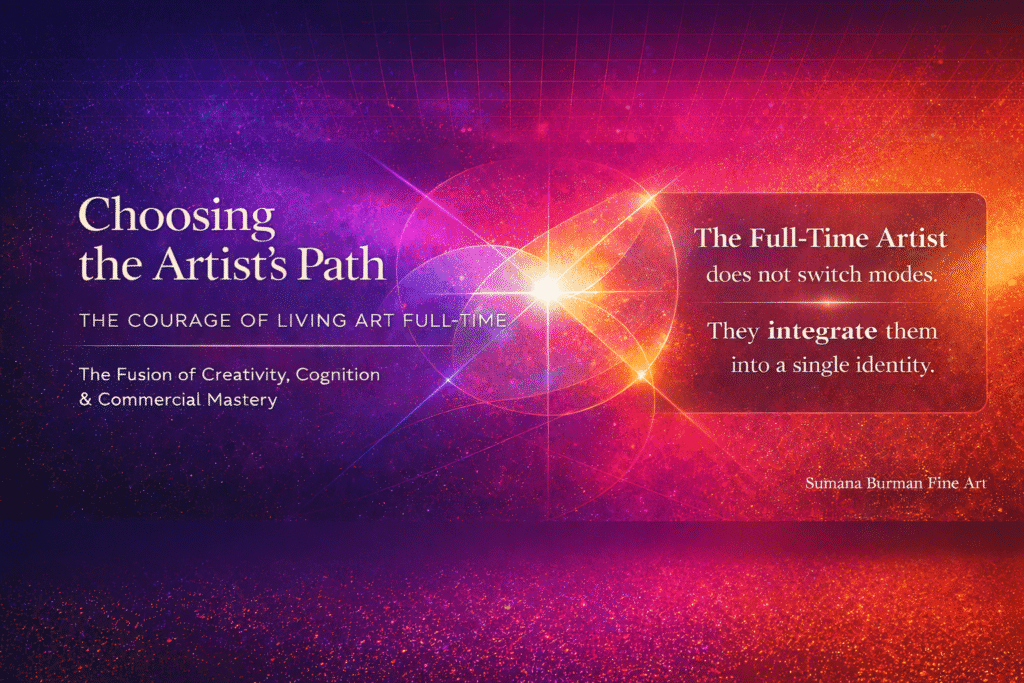 Infographic illustrating the full-time artist’s path, showing the integration of creativity, cognition, and commercial mastery into a single artistic identity.