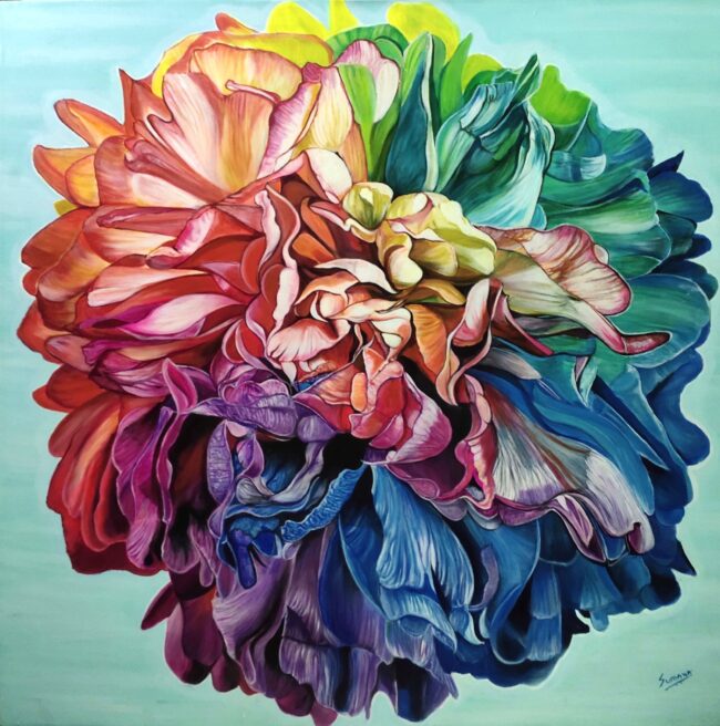 Chromatic Resolve original large-scale rainbow peony botanical painting by Sumana Burman, acrylic on canvas.