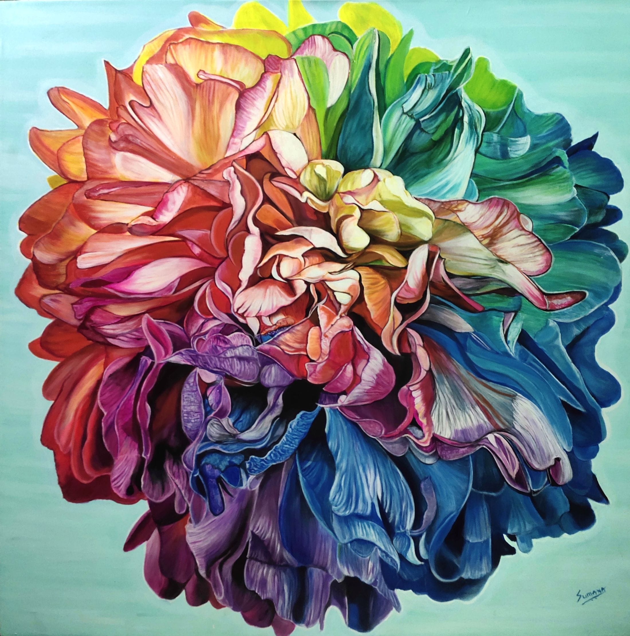 Chromatic Resolve original large-scale rainbow peony botanical painting by Sumana Burman, acrylic on canvas.