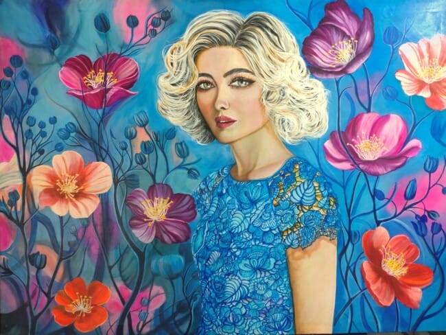 Blended, original large-scale figurative portrait painting by Sumana Burman featuring a blonde woman in a blue lace dress surrounded by expressive floral forms.