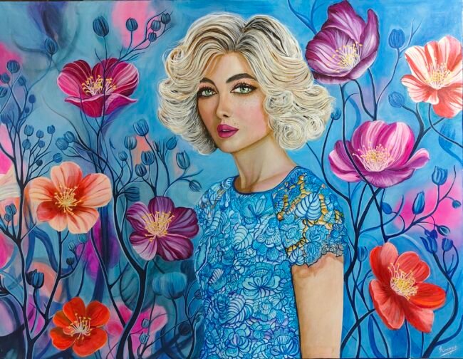 Blended, original large-scale figurative portrait painting by Sumana Burman featuring a blonde woman in a blue lace dress surrounded by expressive floral forms.