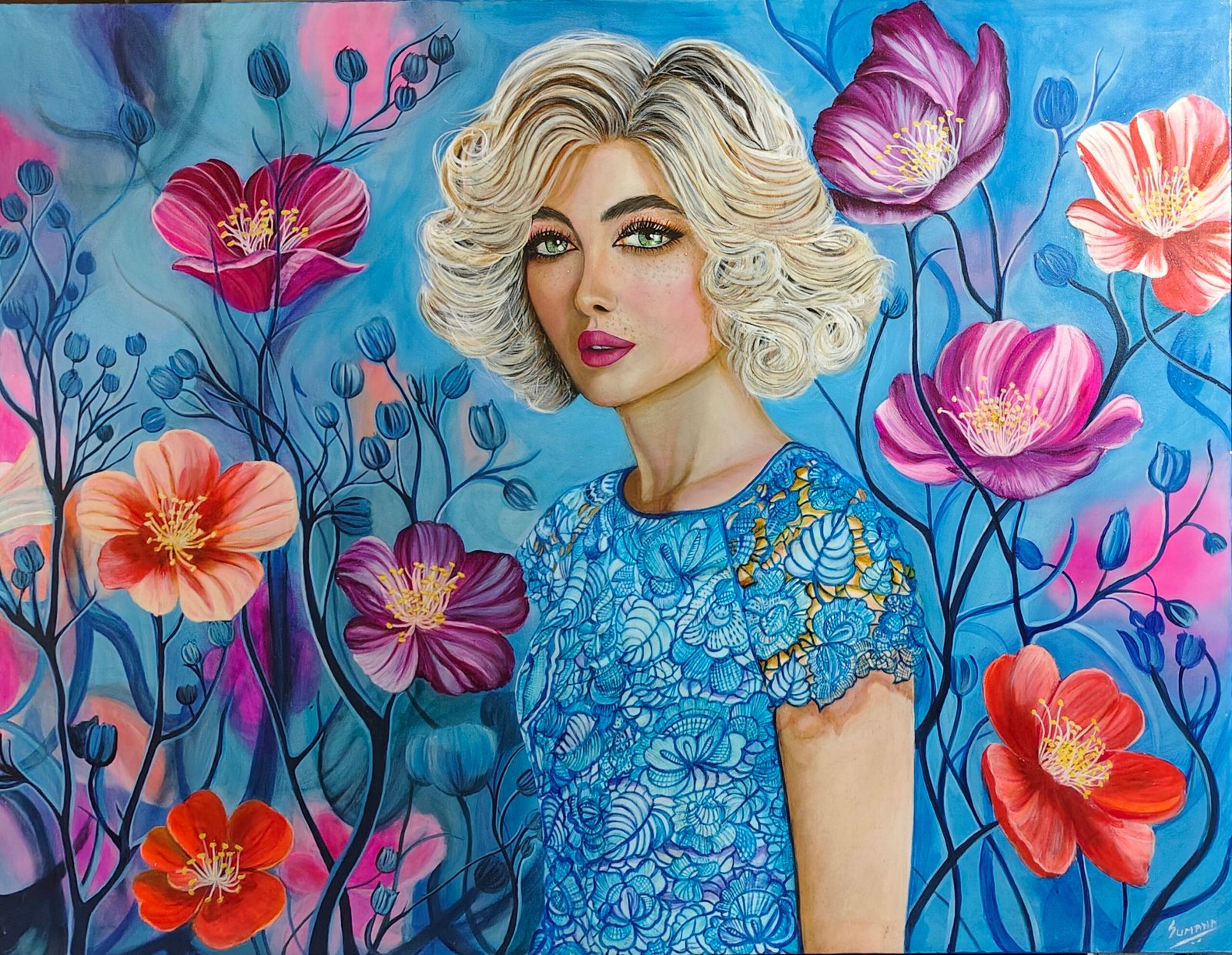 Blended, original large-scale figurative portrait painting by Sumana Burman featuring a blonde woman in a blue lace dress surrounded by expressive floral forms.