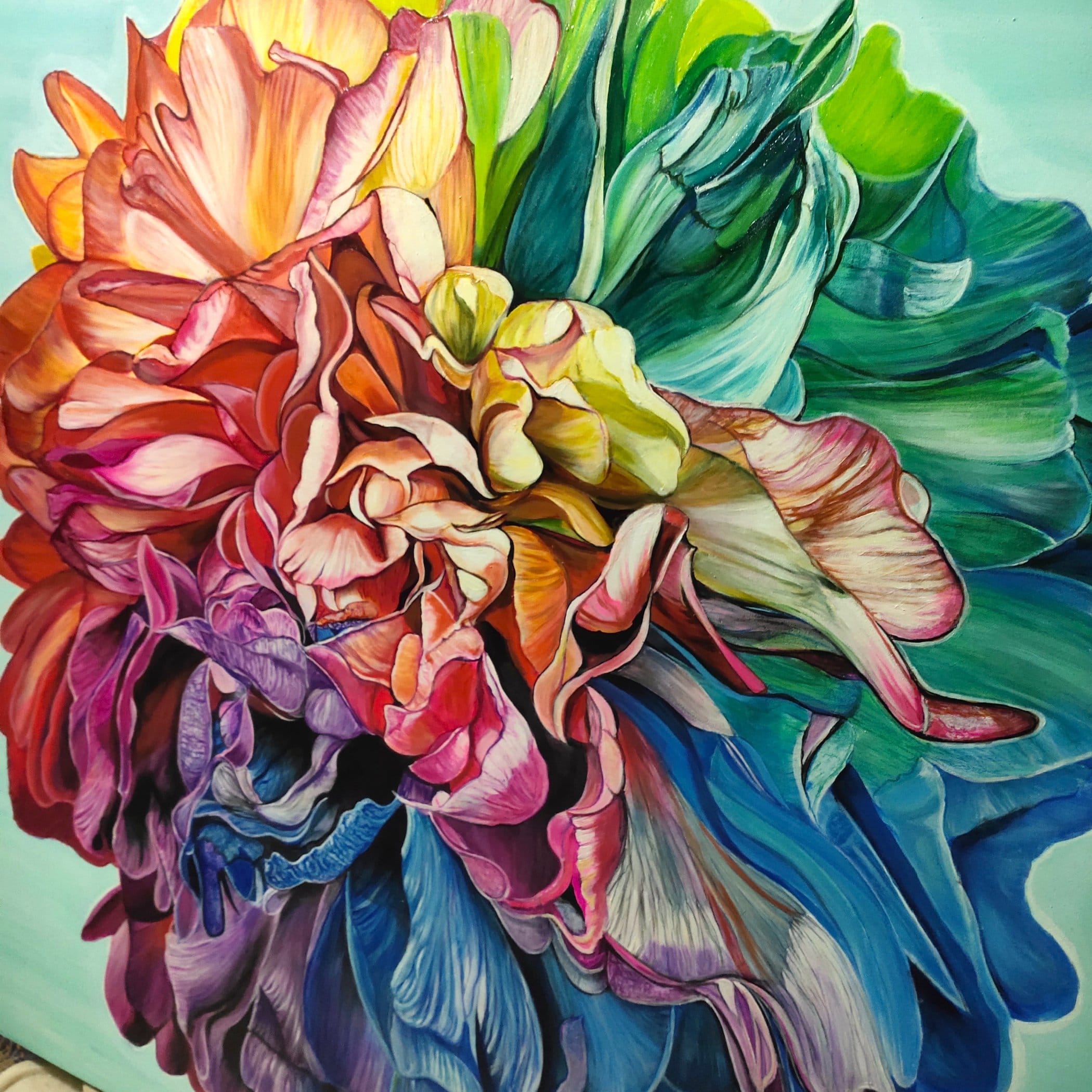 Close-up detail of Chromatic Resolve, original rainbow peony botanical painting by Sumana Burman showing layered brushwork and chromatic transitions.