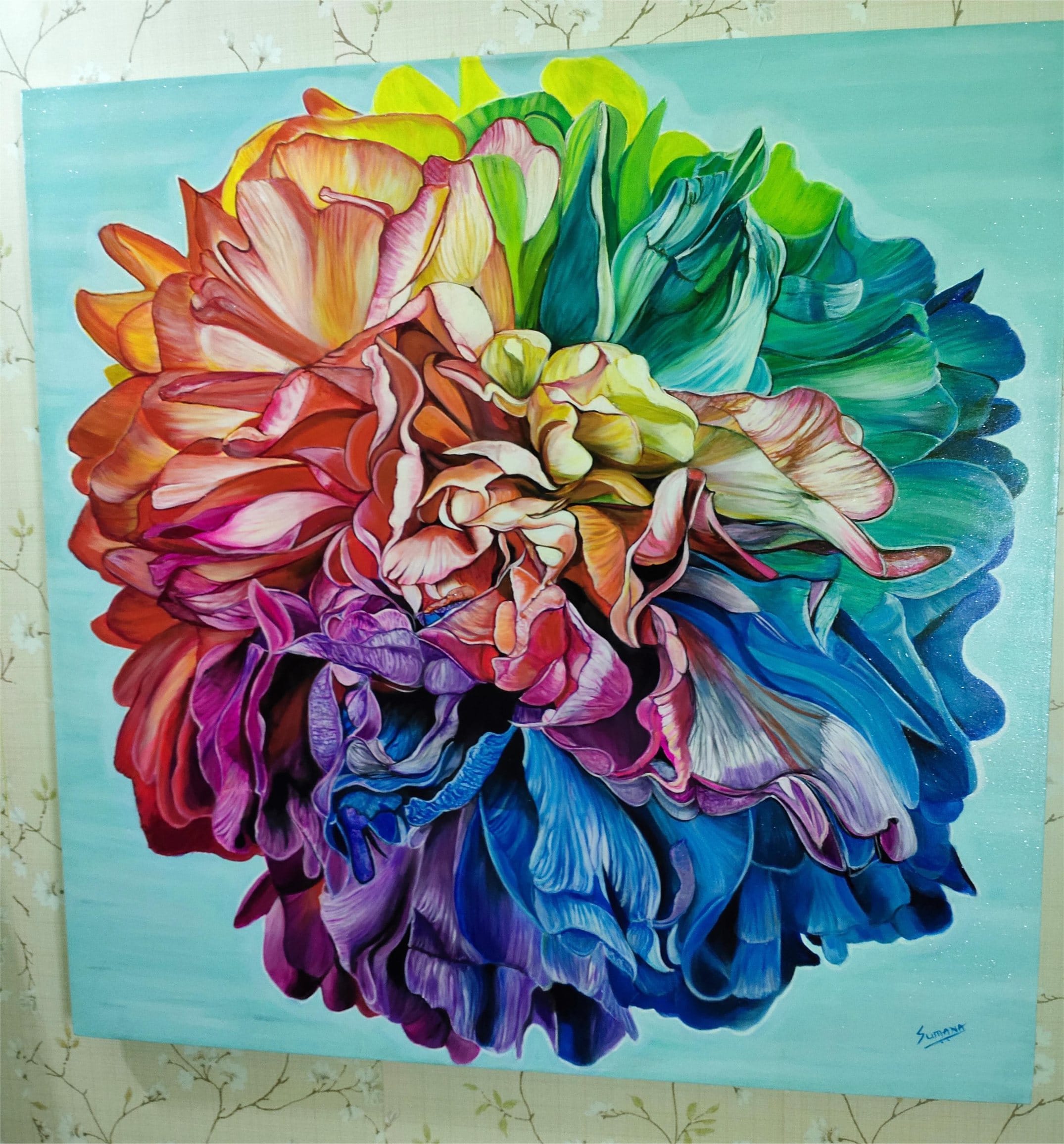 Chromatic Resolve original large-scale rainbow peony botanical painting by Sumana Burman on canvas.