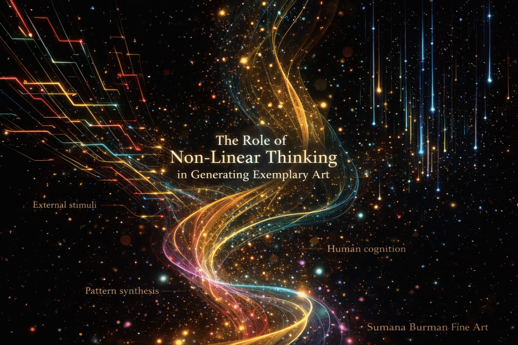 Infographic illustrating non-linear thinking in art, showing the flow between external stimuli, pattern synthesis, and human cognition in the creation of exemplary artwork