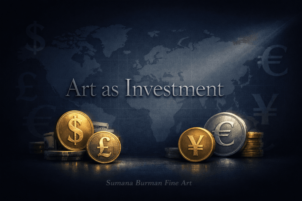 Art as Investment infographic showing global currency symbols and coins representing art as a global capital asset – Sumana Burman Fine Art
