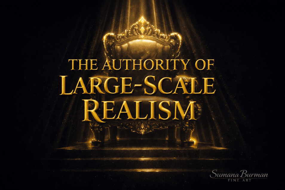 The Authority of Large-Scale Realism infographic showing a golden throne symbolizing the power and dominance of monumental realistic painting – Sumana Burman Fine Art