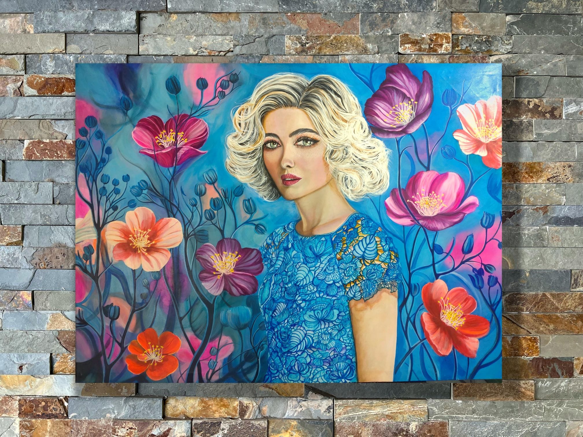 Blended original female figurative painting with floral elements contemporary realism artwork by Sumana Burman