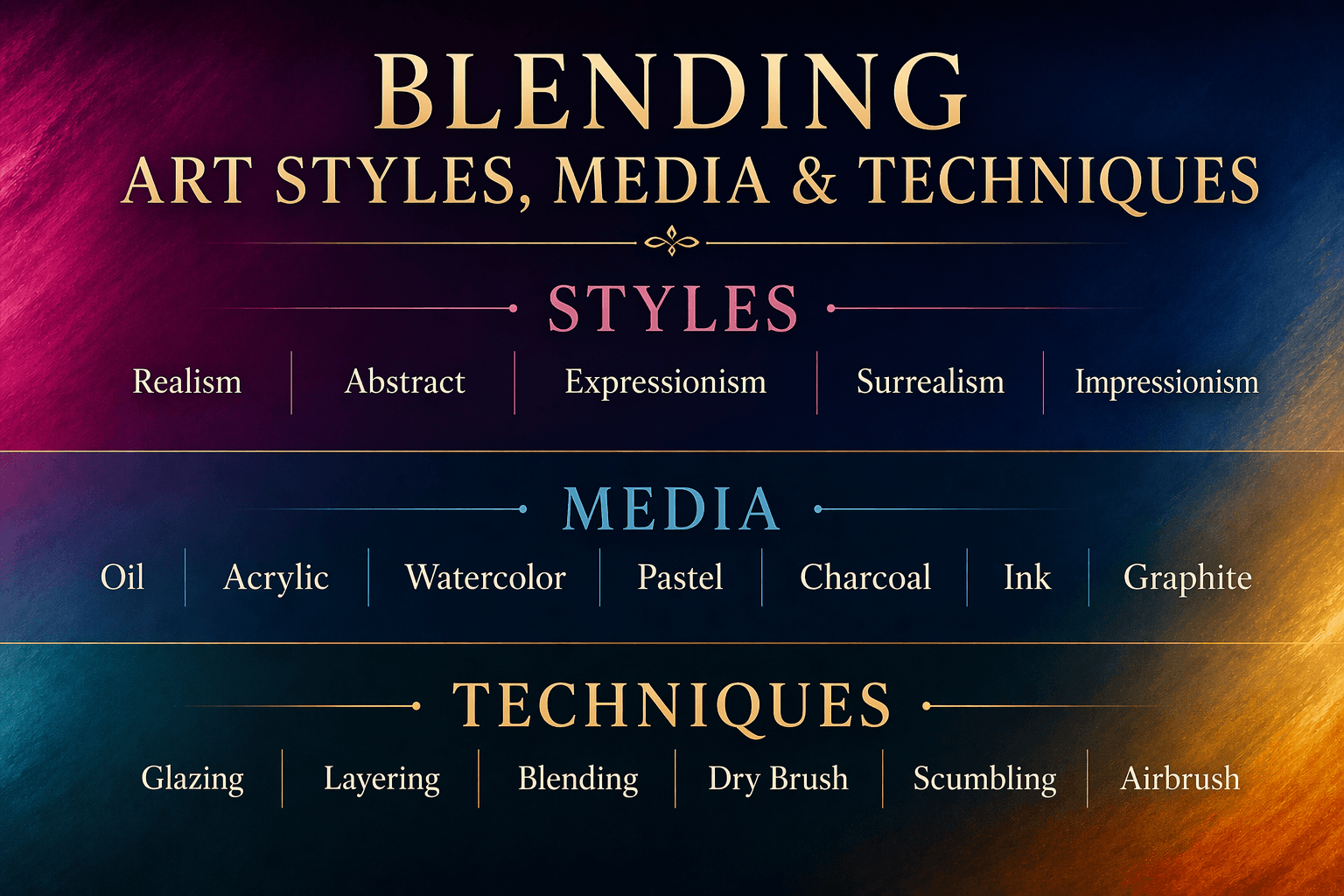 Infographic titled “Blending Art Styles, Media & Techniques” showing three sections: styles including realism and surrealism, media including oil and acrylic, and techniques including glazing, layering, blending, dry brush, scumbling, and airbrush.