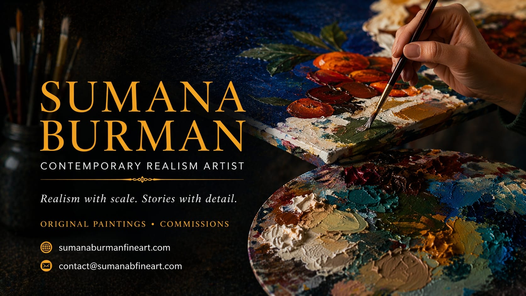 Sumana Burman contemporary realism artist banner with hand painting on palette, featuring original paintings and commissions