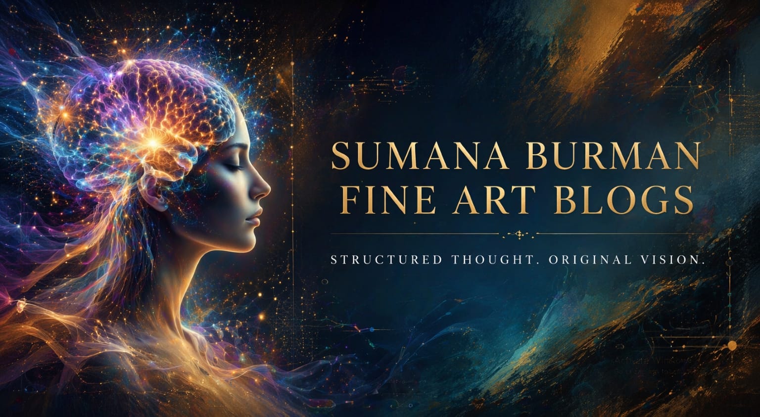 Luminous female profile with a fully illuminated brain against a deep indigo and gold painterly background, paired with the words “Sumana Burman Fine Art Blogs” and “Structured Thought. Original Vision.”