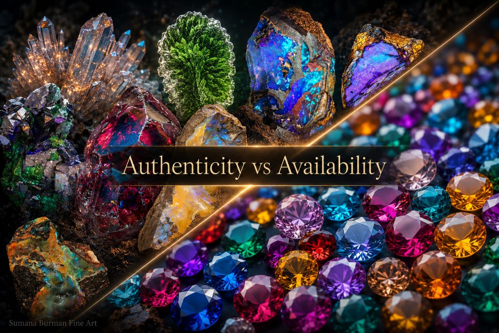 Authenticity vs Availability infographic showing raw crystals contrasted with polished gemstones, symbolizing original art, uniqueness, collector value, and signature art by Sumana Burman Fine Art.