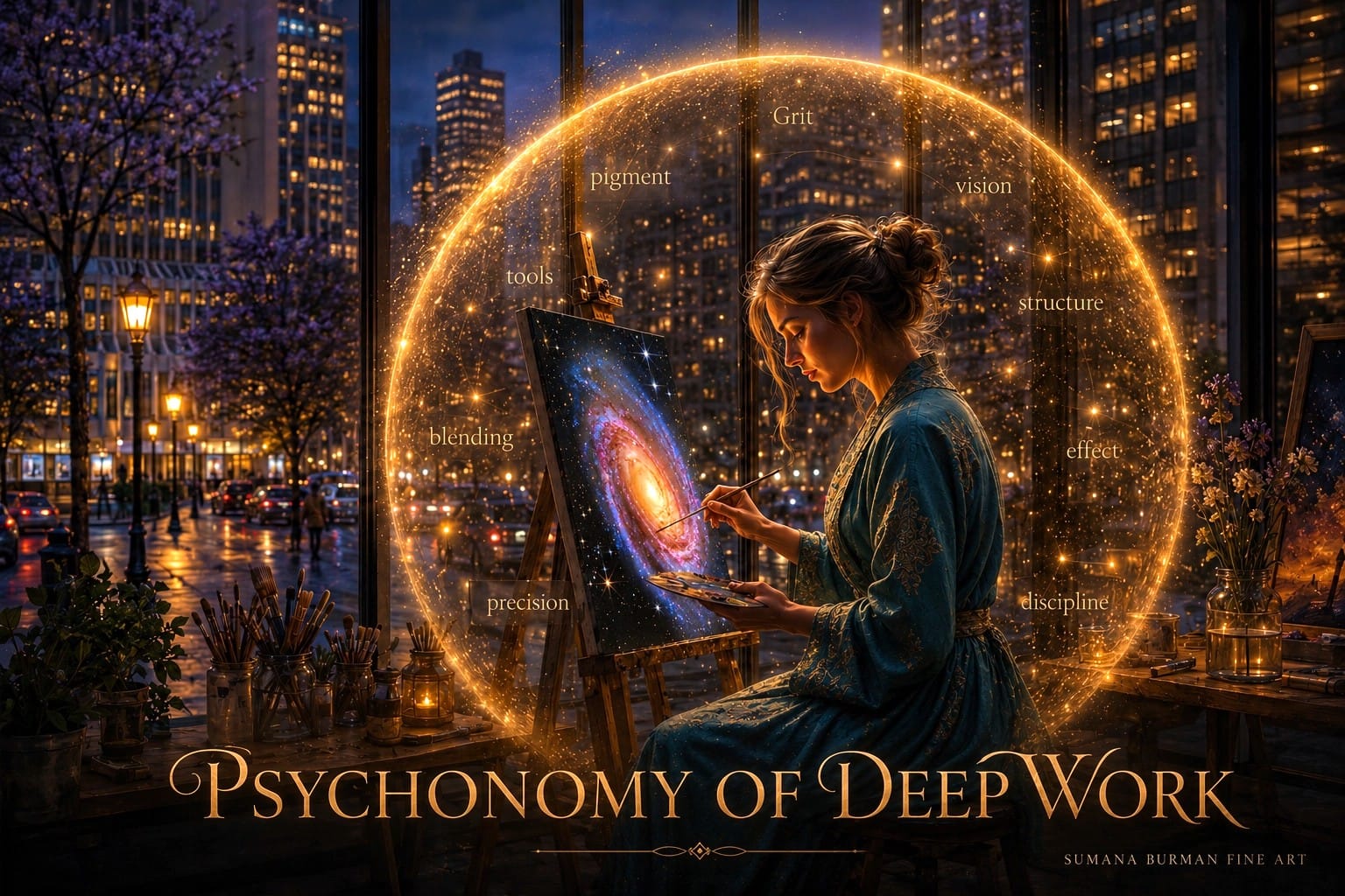 Artist painting a glowing galaxy within a golden focus halo, representing how deep work, discipline, vision, and artistic precision transform both the artwork and the artist.
