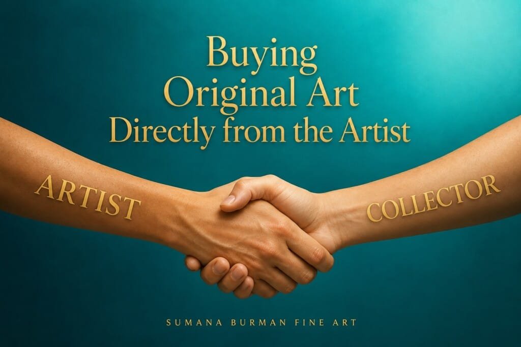 Handshake between an artist and collector beneath the title “Buying Original Art Directly from the Artist,” representing the direct acquisition of original art.