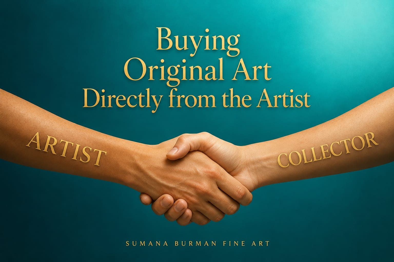 Handshake between an artist and collector beneath the title “Buying Original Art Directly from the Artist,” representing the direct acquisition of original art.