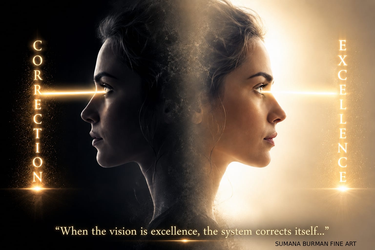Mirrored female profiles representing correction as unseen intelligence and excellence as its visible expression.