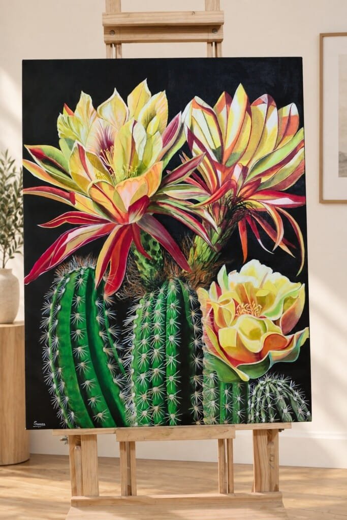 BOLD & BEAUTIFUL by Sumana Burman, an original botanical realism painting of flowering cacti with vivid yellow, red and green blooms, displayed on a wooden easel.