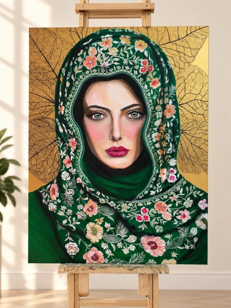 DESERT ROSE by Sumana Burman, an original symbolic feminine portrait painting of a woman in an embroidered green head covering with floral details, displayed on an easel.