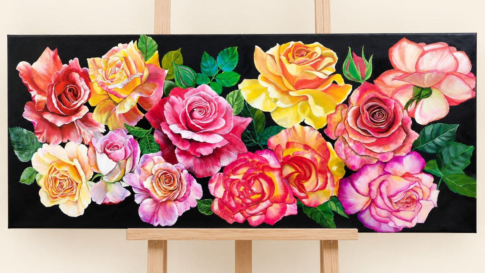 Original rose painting by Sumana Burman featuring a vibrant bouquet of pink, red, yellow and peach roses with green leaves on a black background, displayed on an easel.